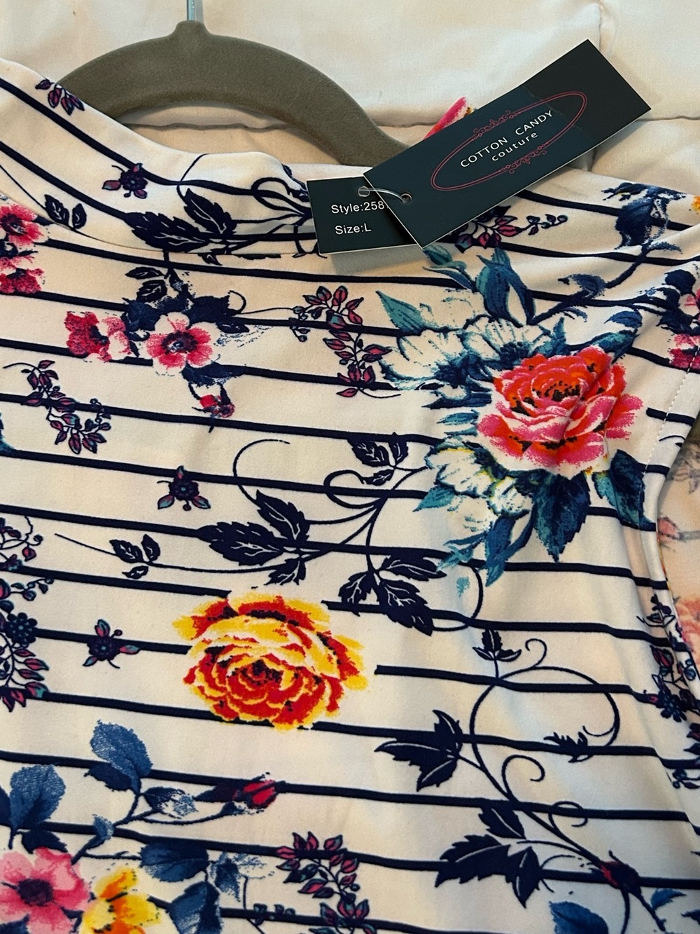 Cotton Candy Striped Floral Tank Top - White with Navy, Pink & Yellow